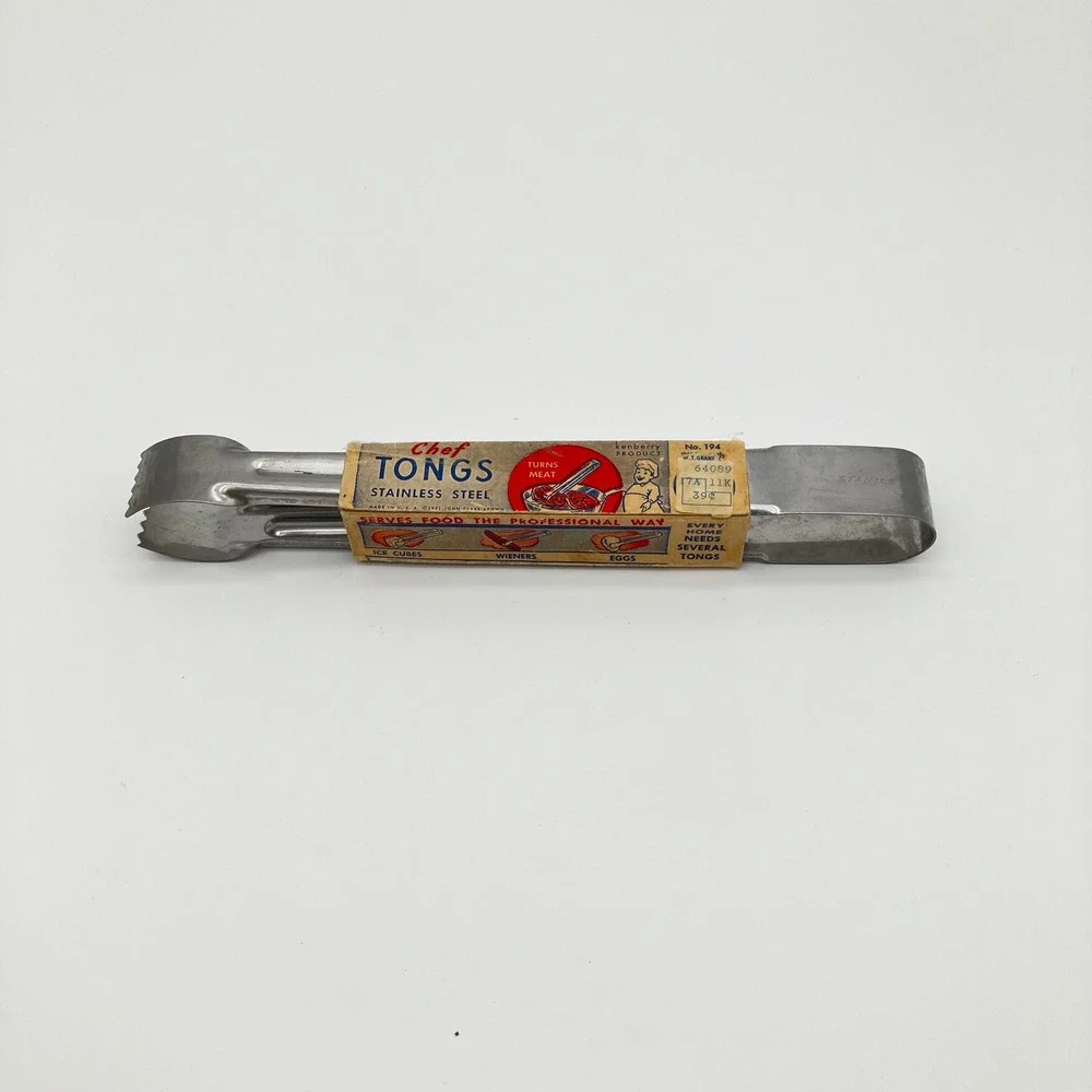 Kenberry Chef Tongs Vintage No 194 Silver Stainless Steel Serrated Ice Meat